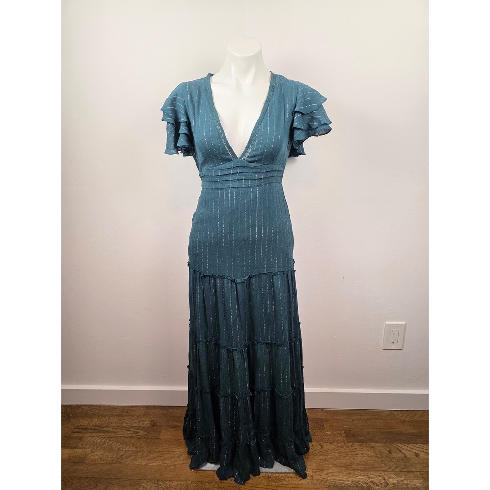 Cleobella Teal Green Metallic Silver Pinstripe Tiered Maxi Dress XS‎ Open Back